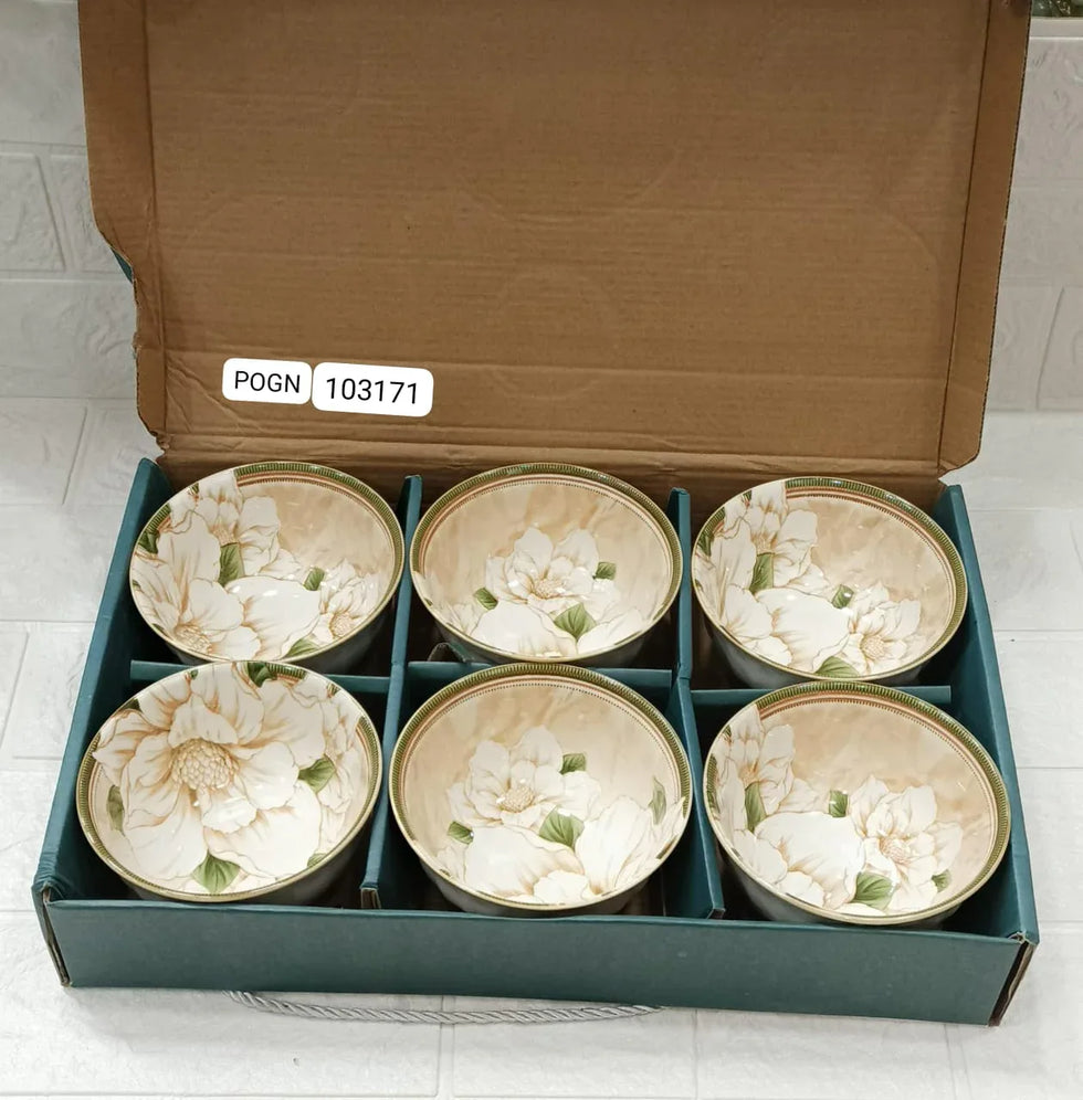 Pack of 6 Ceramic Bowl Set – Elegant Beige Floral Design - Clarify.pk