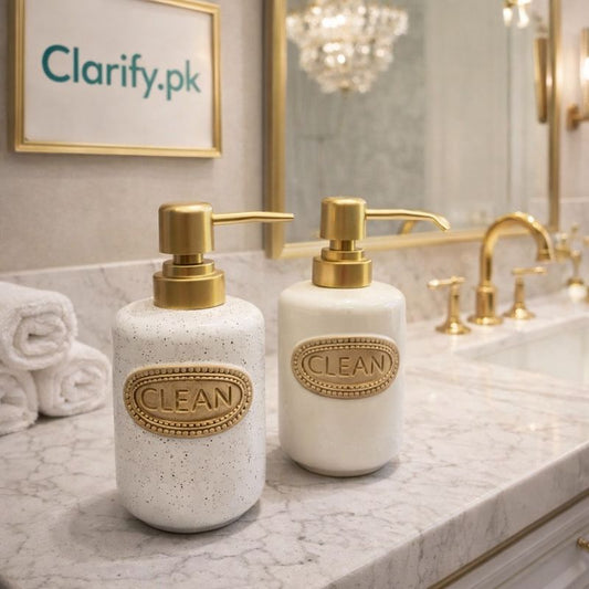 Luxury "CLEAN" Ceramic Soap Dispenser – Premium Embossed Bottle with Gold Pump (each) - Trenducts.pk