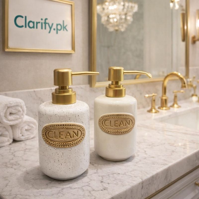 Luxury "CLEAN" Ceramic Soap Dispenser – Premium Embossed Bottle with Gold Pump (each)