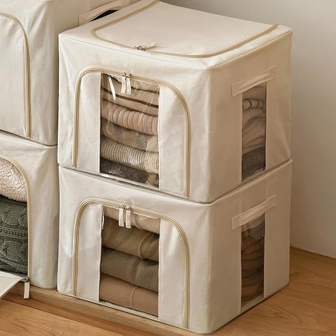 Temiminime 40L Clothing Storage Bags with Zipper & Iron Frame, 2Pack Closet Organizers and Storage Bins, Sweater Organizer Quilt Storage Bin for Dorm Room, Kids&baby&Adult Clothes Storage