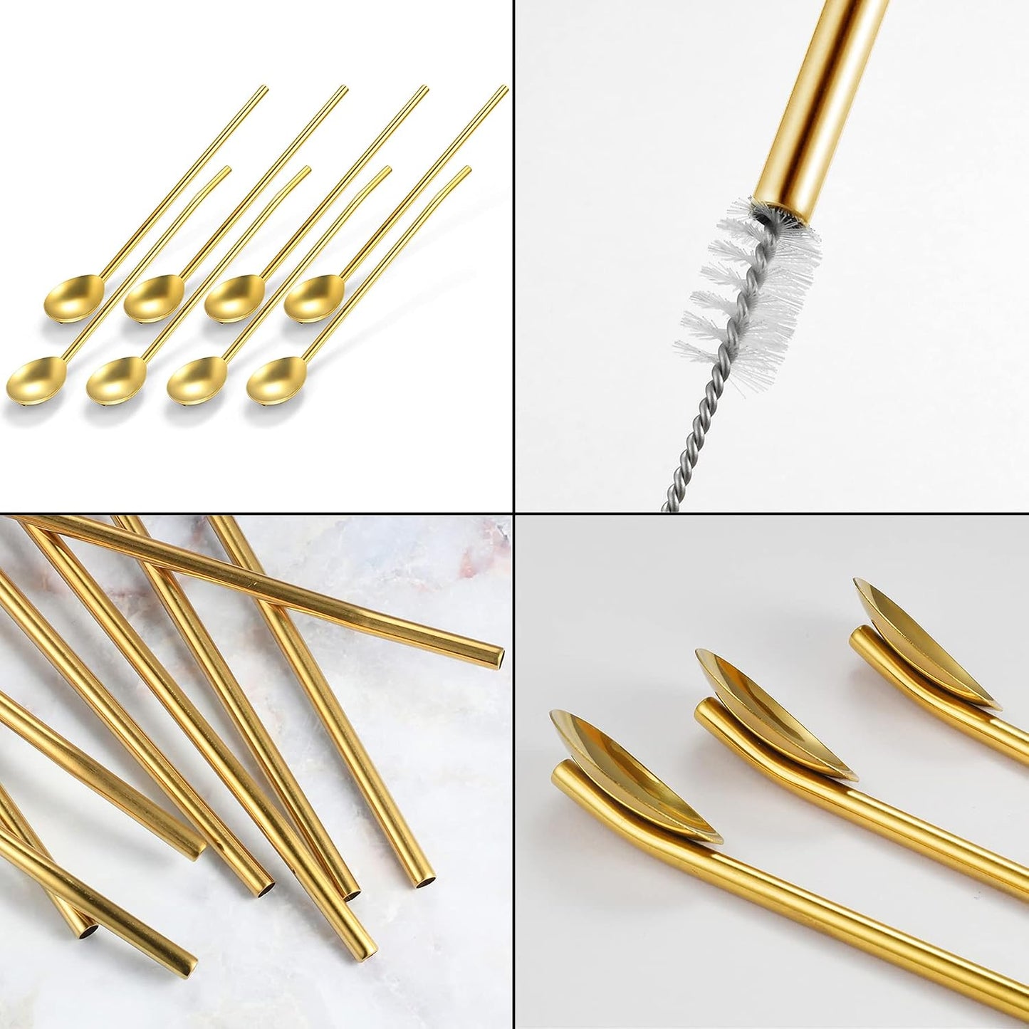 2-in-1 Stainless Steel Straw & Spoon Set with Cleaning Brush (4PCS)