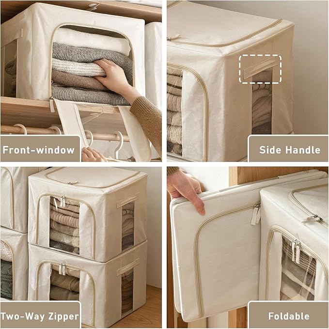 Temiminime 40L Clothing Storage Bags with Zipper & Iron Frame, 2Pack Closet Organizers and Storage Bins, Sweater Organizer Quilt Storage Bin for Dorm Room, Kids&baby&Adult Clothes Storage