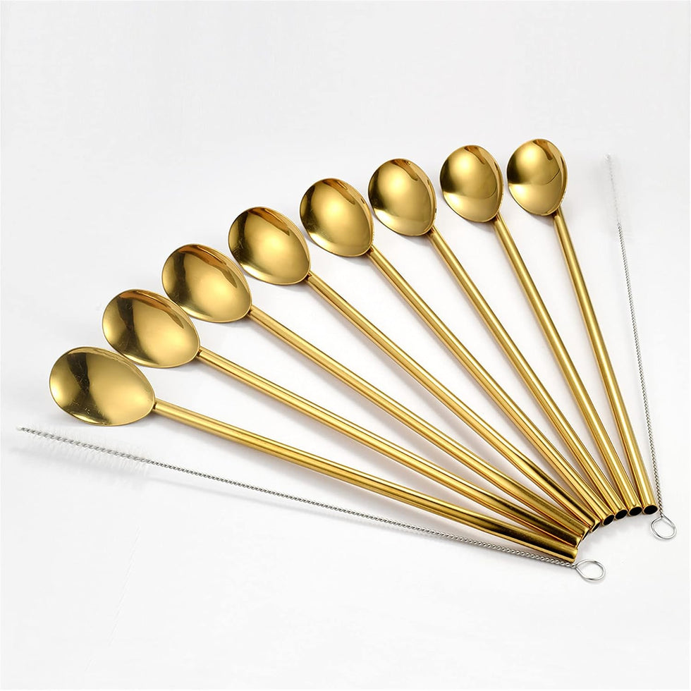 2-in-1 Stainless Steel Straw & Spoon Set with Cleaning Brush (4PCS)
