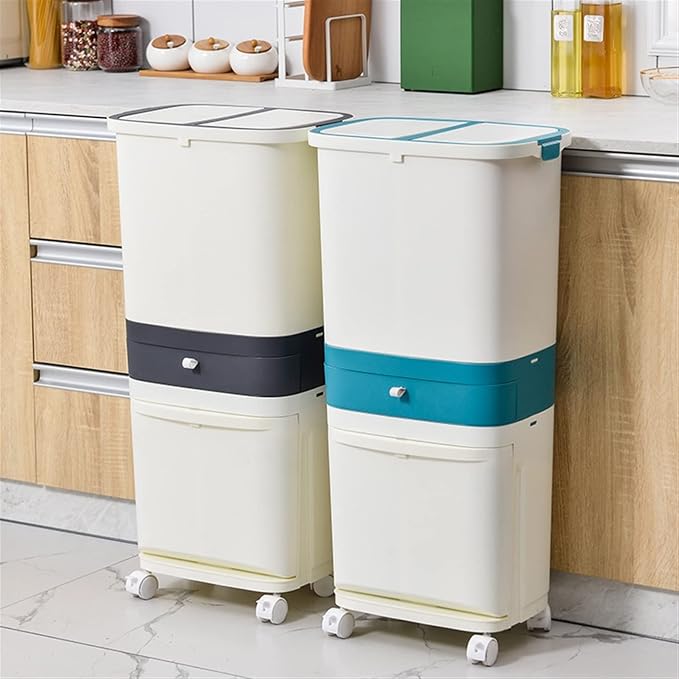 2-Layer Trash Can with Wheels - 42L Removable Garbage Bin & Storage Drawer