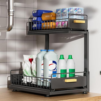Adjustable 2 Tier Under Sink Organizer | Black L-Shaped Pull Out Sliding Cabinet Organizer for Kitchen & Bathroom | Heavy Duty Metal Frame Storage Shelf, 3 Secure Mounting Options, Rust Proof