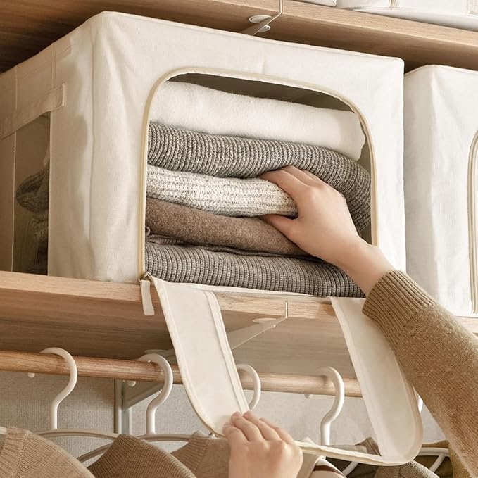 Temiminime 40L Clothing Storage Bags with Zipper & Iron Frame, 2Pack Closet Organizers and Storage Bins, Sweater Organizer Quilt Storage Bin for Dorm Room, Kids&baby&Adult Clothes Storage