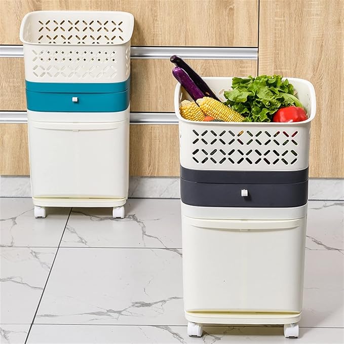 2-Layer Trash Can with Wheels - 42L Removable Garbage Bin & Storage Drawer