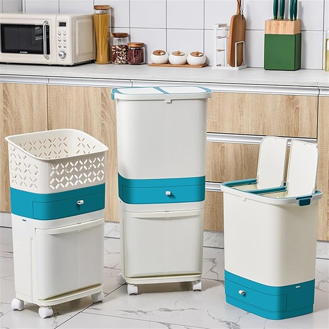 2-Layer Trash Can with Wheels - 42L Removable Garbage Bin & Storage Drawer