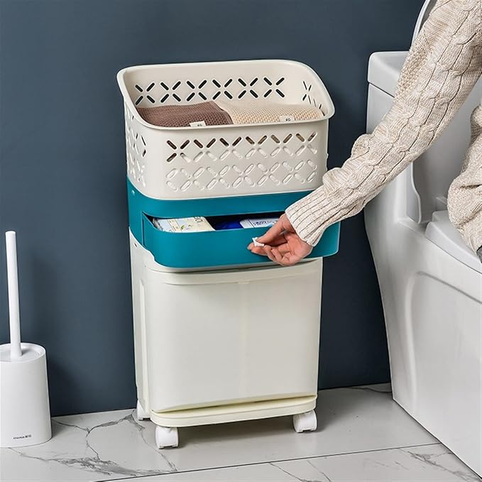 2-Layer Trash Can with Wheels - 42L Removable Garbage Bin & Storage Drawer