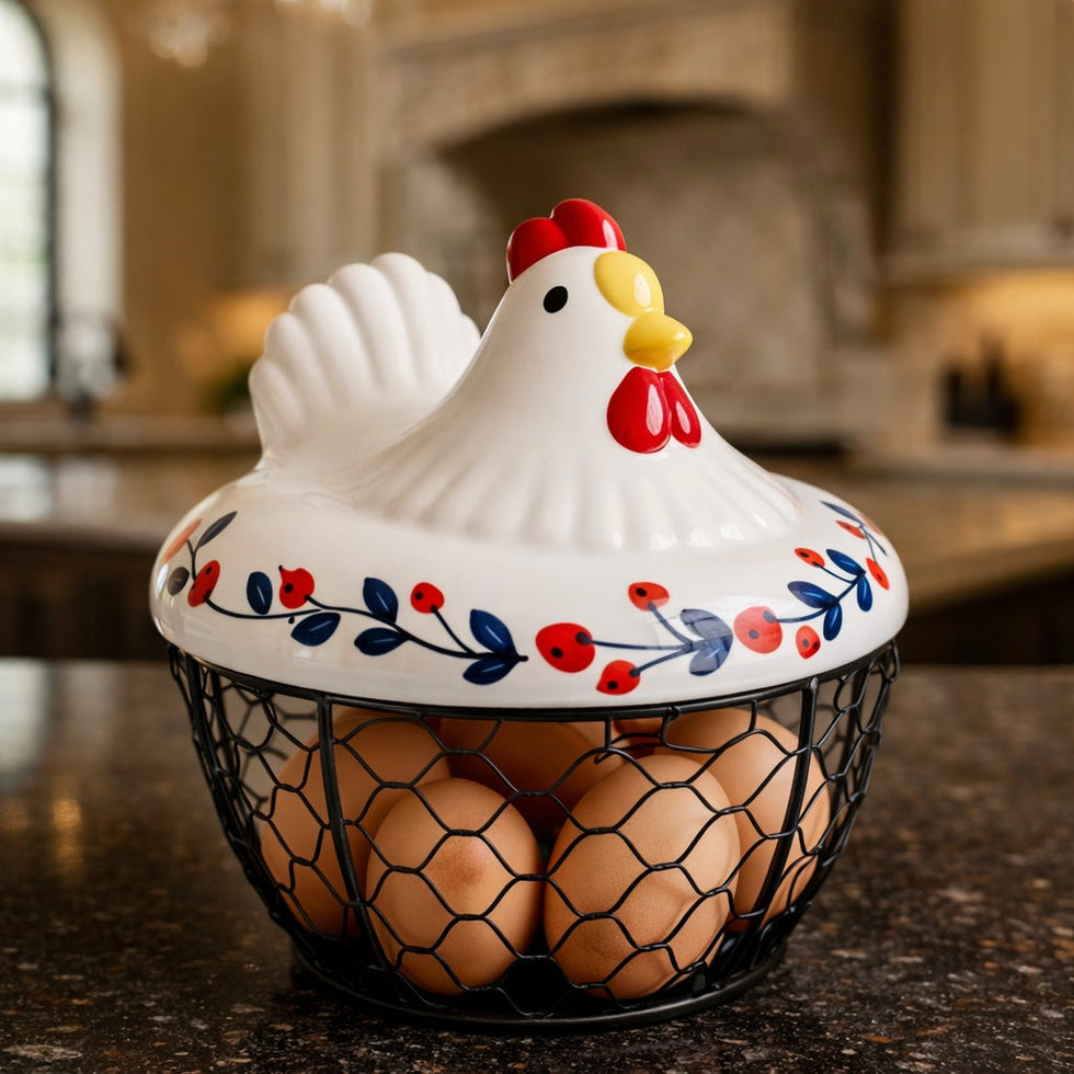 Ceramic Chicken Egg Basket & Wire Mesh Storage NC