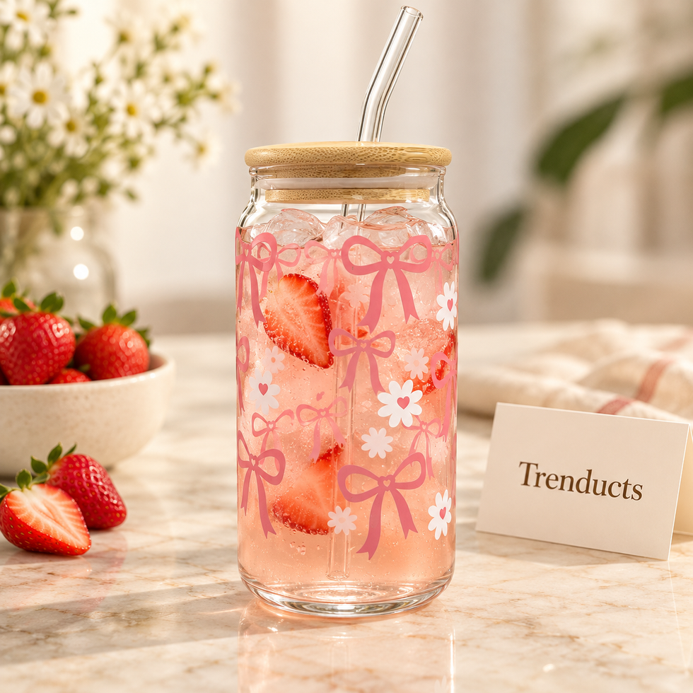 Cute Bow & Daisy Glass Sipper with Bamboo Lid