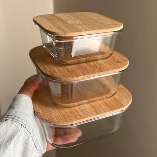 Luxury Eco-Square 3 Pieces Glass Dish Set with Bamboo Lids GL