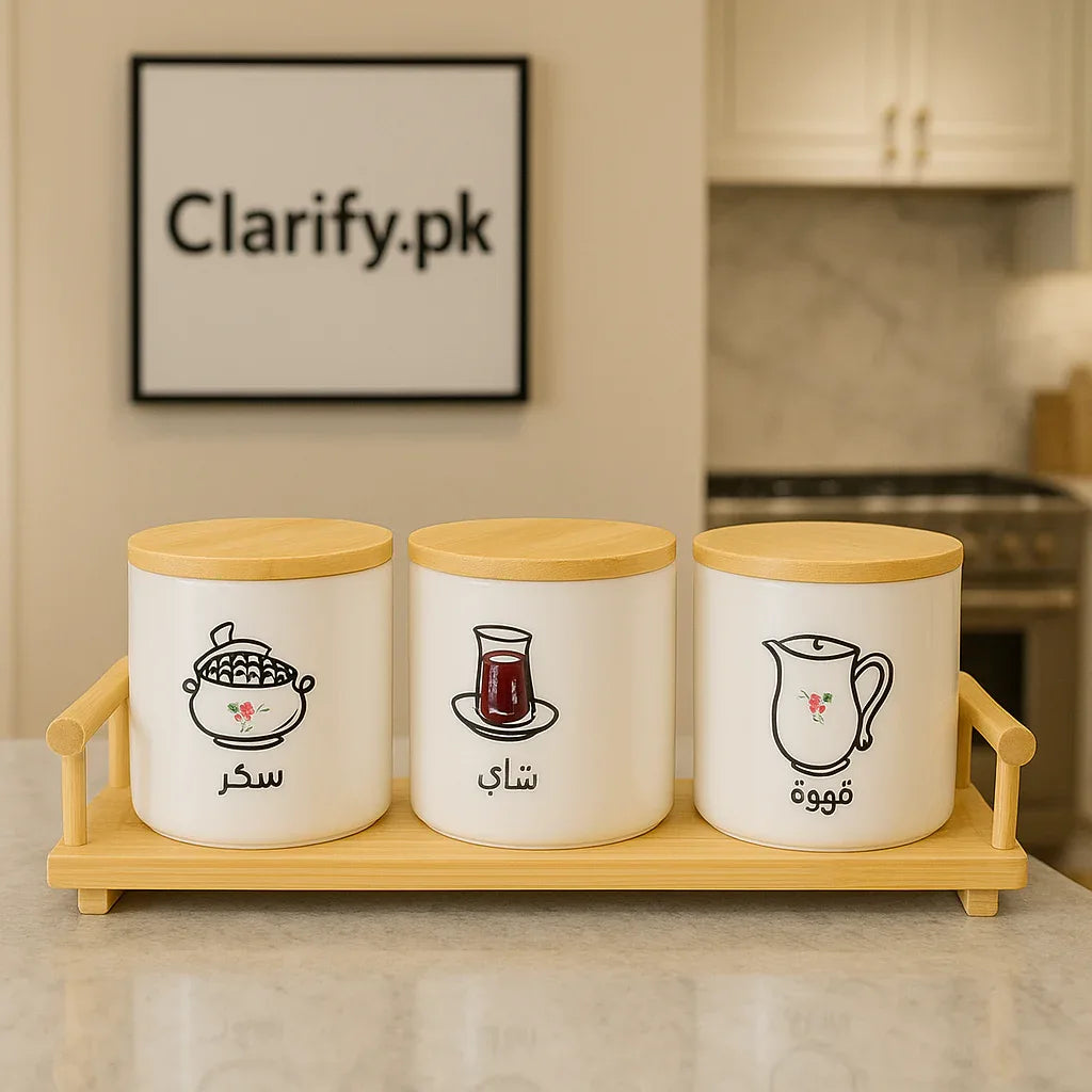Elegant Arabic Ceramic Canister Set – 3 Pcs Kitchen Storage Jars - Clarify.pk