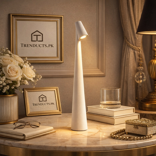 Matte black portable LED touch lamp providing warm light next to a coffee cup and floral arrangement - Trenducts Pakistan