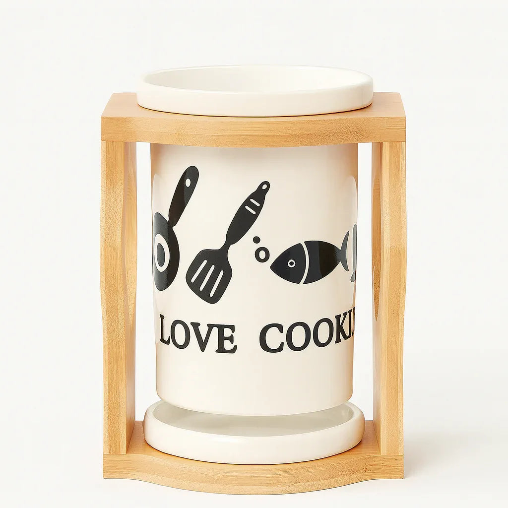 Ceramic Spoon & Fork Holder with Wooden Frame - Clarify.pk