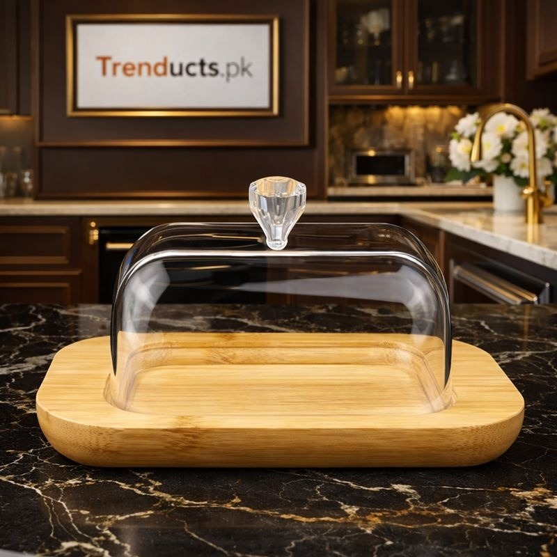 Premium Bamboo Butter Dish with Clear Acrylic Cover - Elegant Tableware Server (Small)