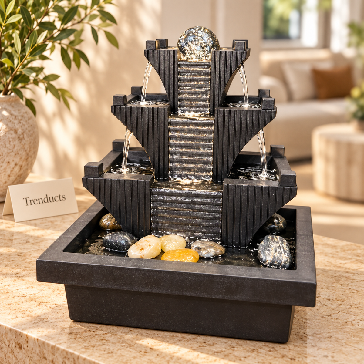 3-Tier Pyramid Tabletop Fountain with Spinning Crystal Ball & LED – Indoor Water Feature