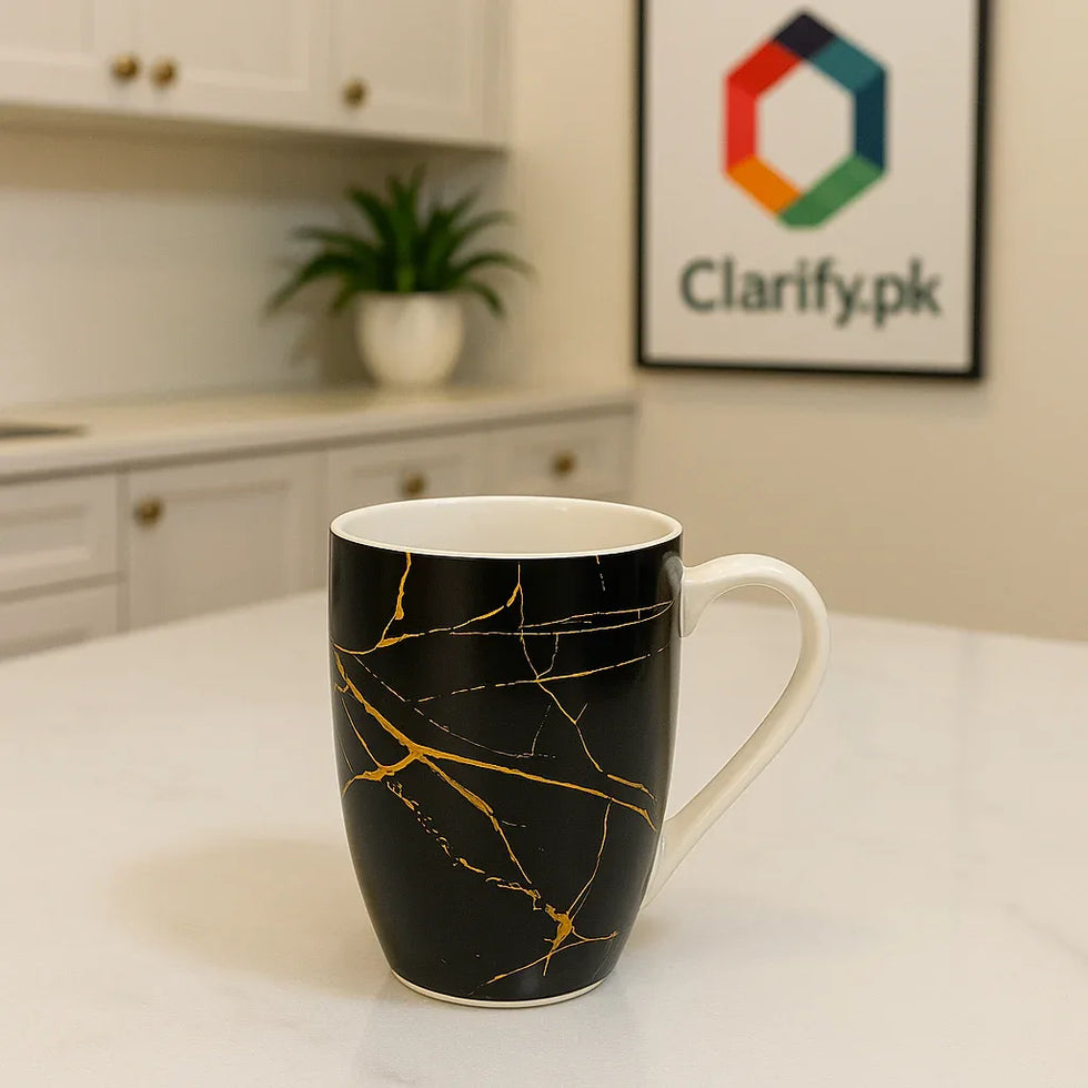 Luxury Marble Pattern Ceramic Mug – Black with Golden Streaks - Clarify.pk