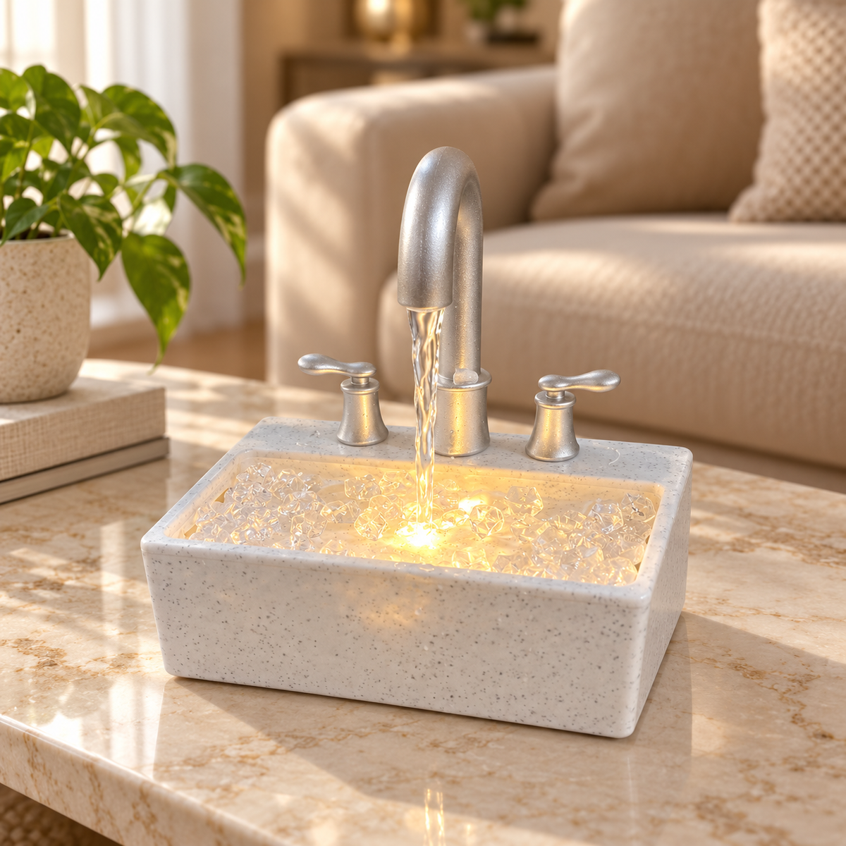 Luxury Sink-Style Tabletop Water Fountain with Faucet, Crystal Pebbles & LED Light