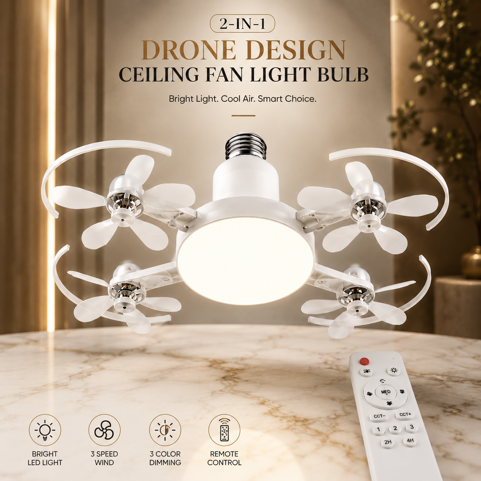 2-in-1 Drone Design Ceiling Fan Light Bulb - Remote Control LED Fan Lamp