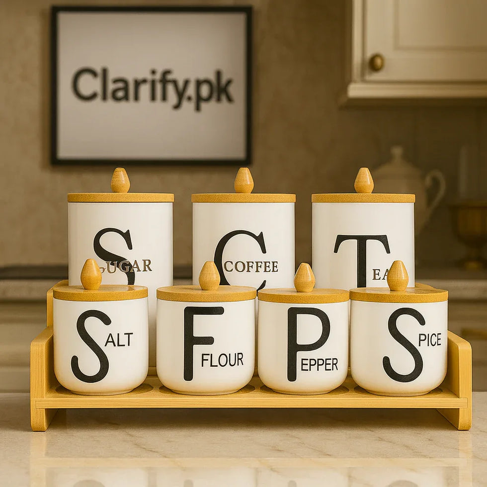 Premium Ceramic Jar Set – 7 Pcs Kitchen Storage with Wooden Stand - Clarify.pk