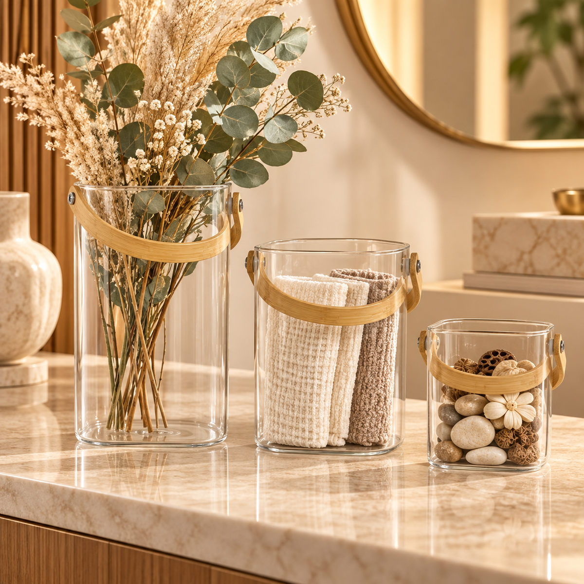 Clear Glass Bucket with Curved Handle