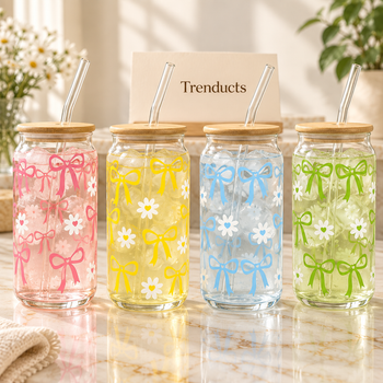 Cute Bow & Daisy Glass Sipper with Bamboo Lid