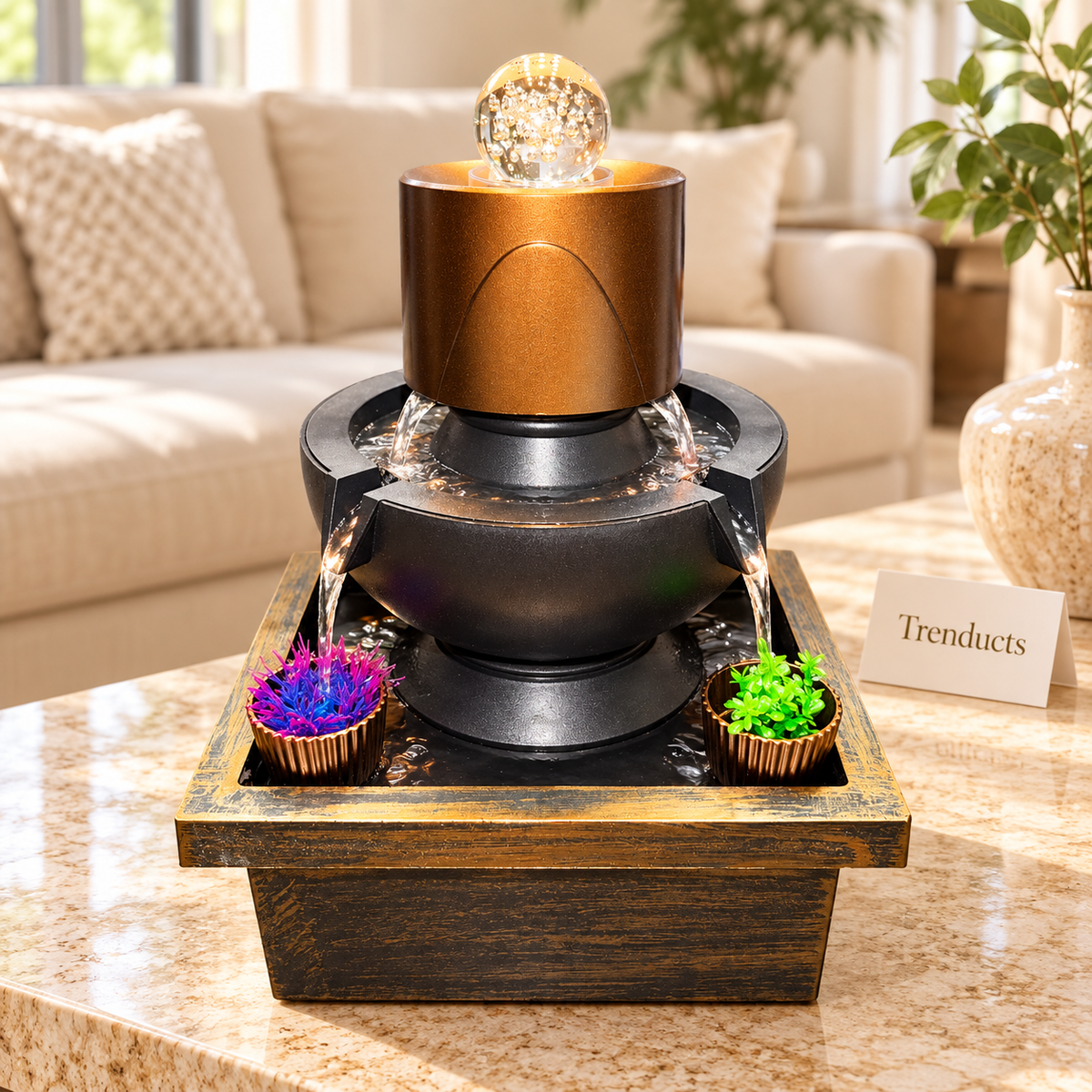 Gold Crystal Ball Tabletop Fountain with Spinning Ball & LED – Luxury Indoor Water Feature