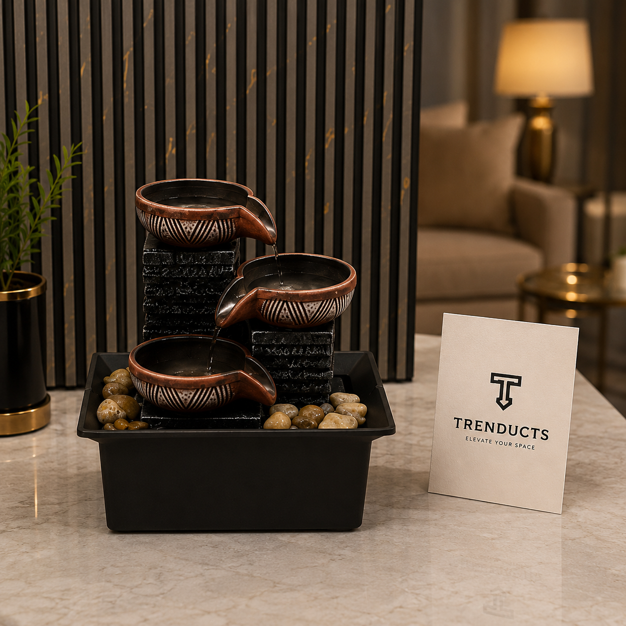 Three-Bowl Zen Waterfall Mini Fountain with Pebbles