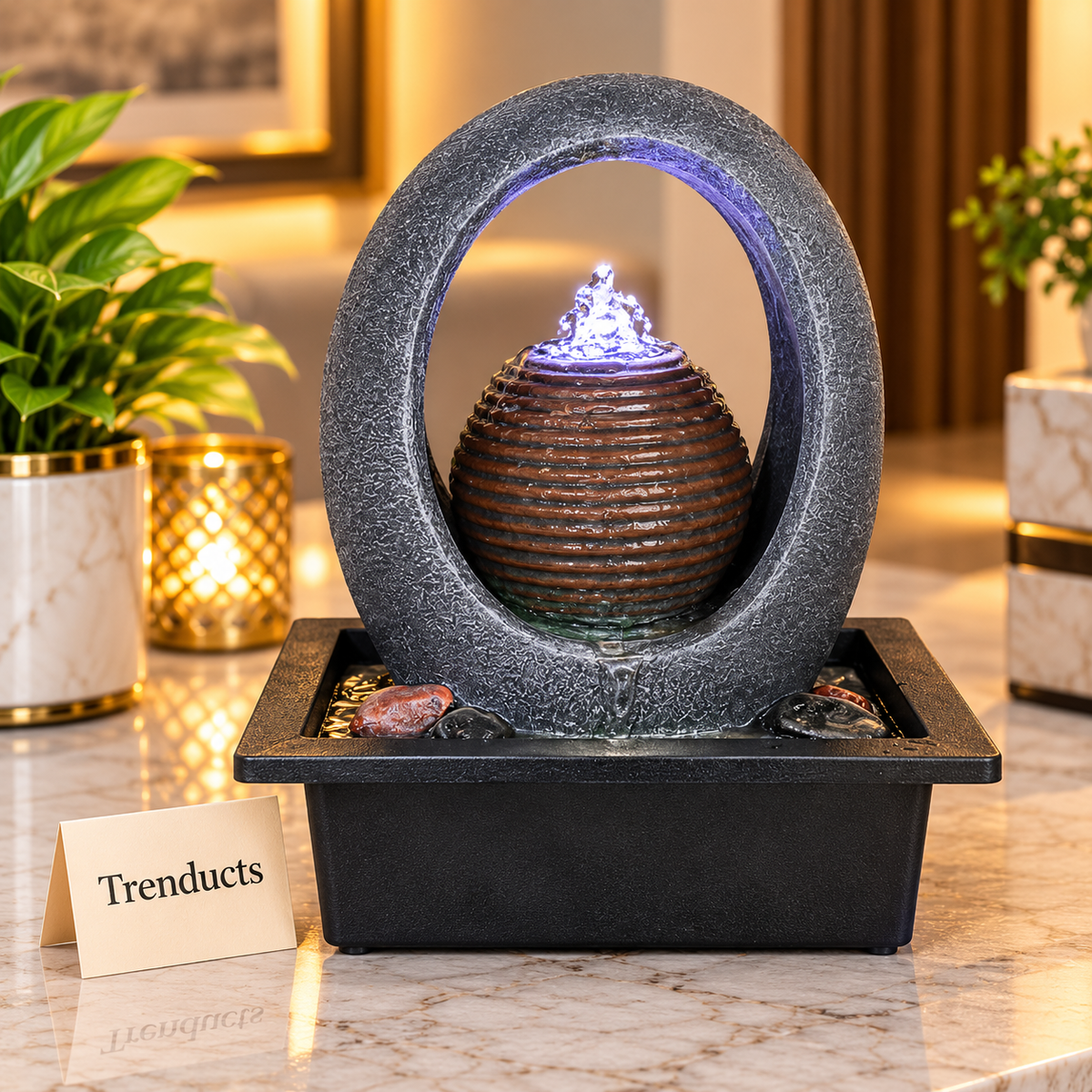 Ring Arch Sphere Tabletop Fountain with LED Flame Light & River Pebbles – Indoor Water Feature