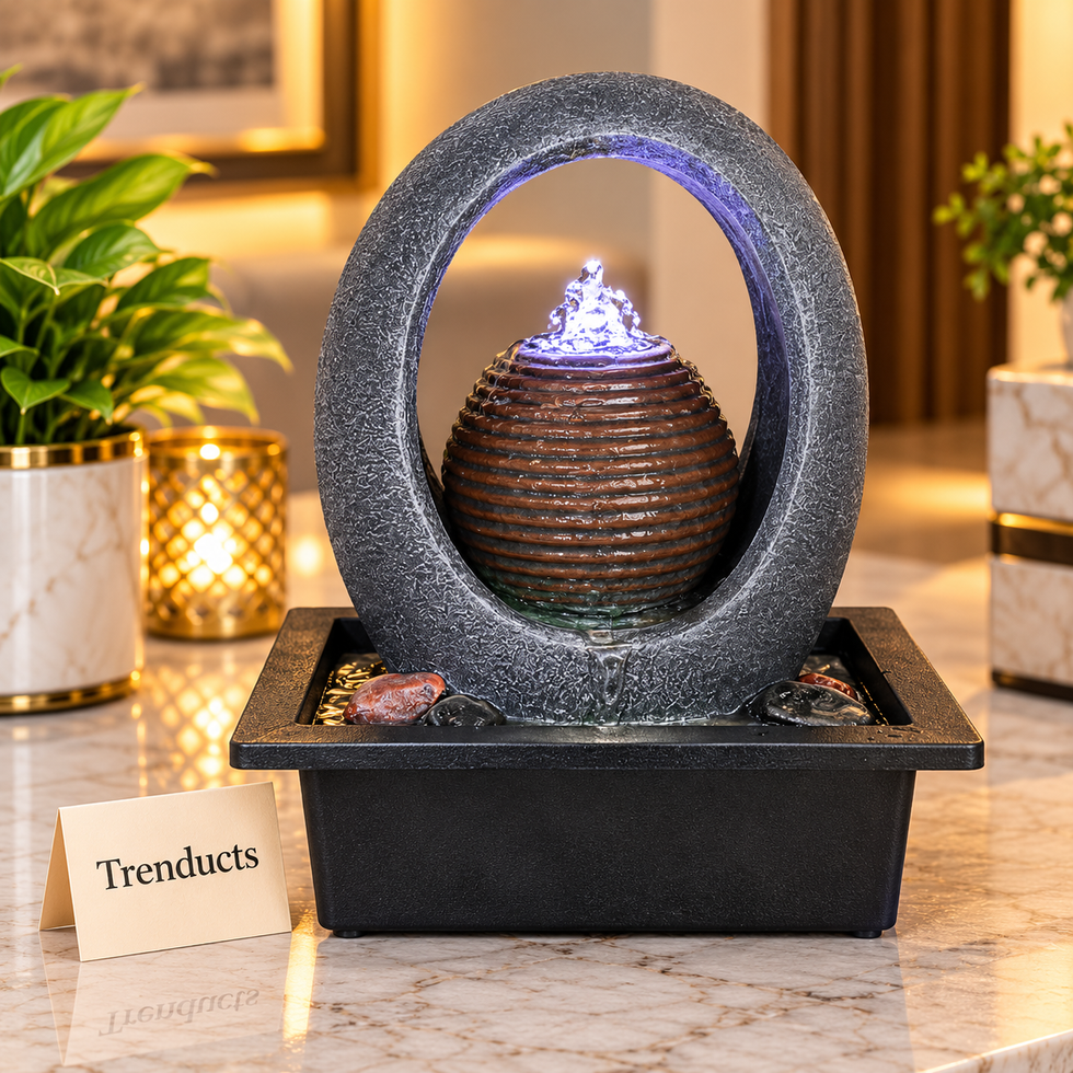 Ring Arch Sphere Tabletop Fountain with LED Flame Light & River Pebbles – Indoor Water Feature