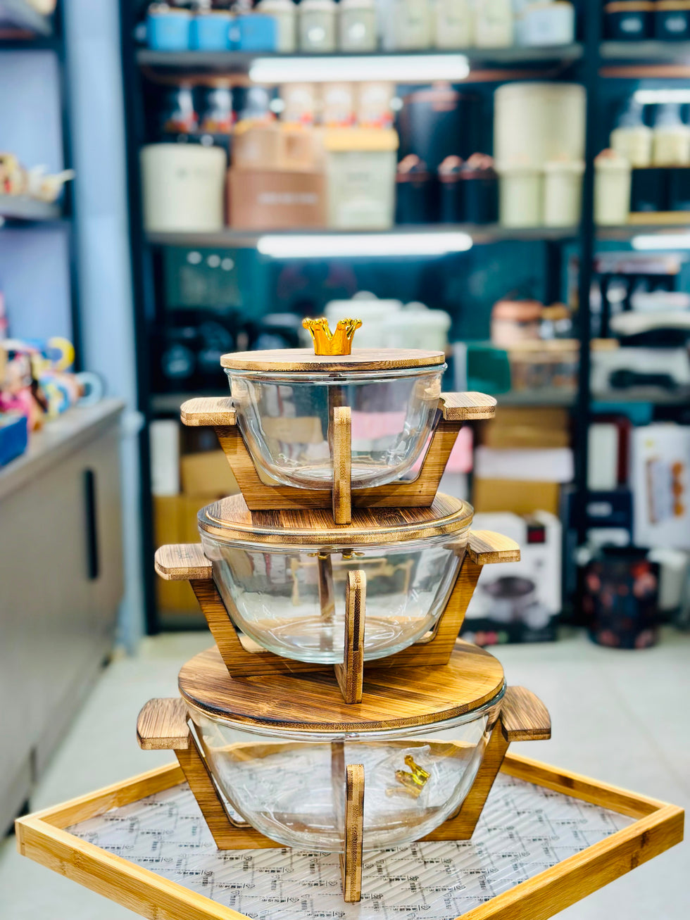 Walnut Wood Glass Salad Bowl with Lid & Stand