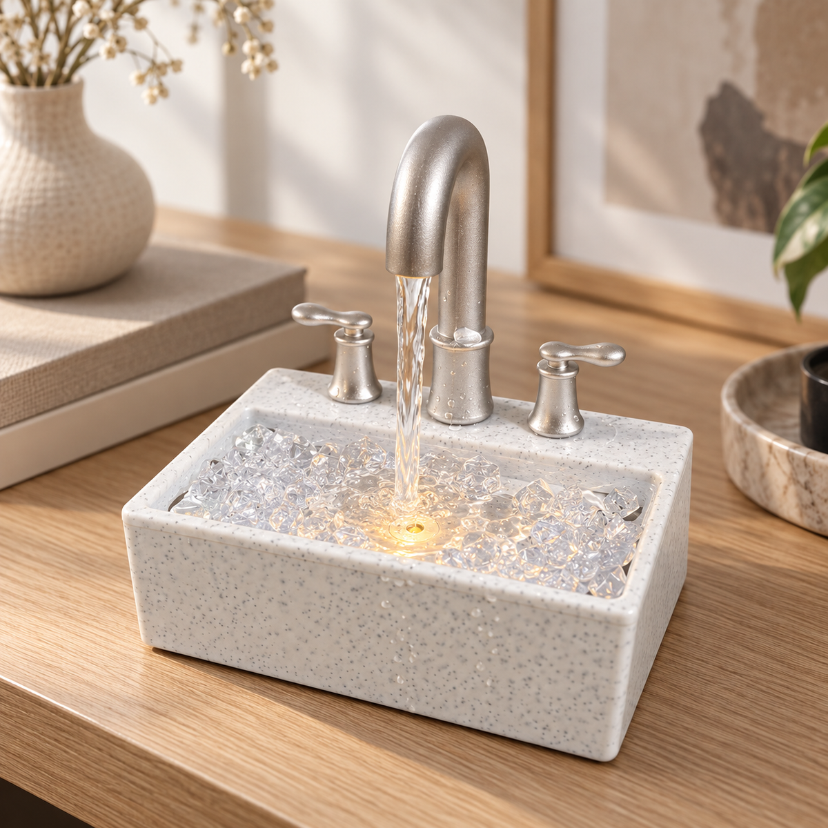 Luxury Sink-Style Tabletop Water Fountain with Faucet, Crystal Pebbles & LED Light