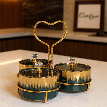 Elegant Black & Gold Ceramic Jar Set – Crystal Lid with Heart Handle - Clarify.pk