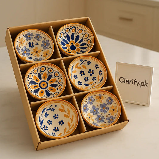 Premium 6 Pcs Ceramic Bowl Set – Blue & Mustard Pattern - Clarify.pk