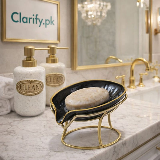 Modern Ceramic Soap Dish – Self-Draining Design with Gold Wire Pedestal - Trenducts.pk