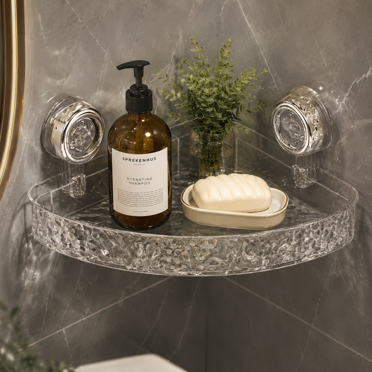 Acrylic Corner Suction Shelf – Drill-Free Bathroom Corner Bathroom Shelf