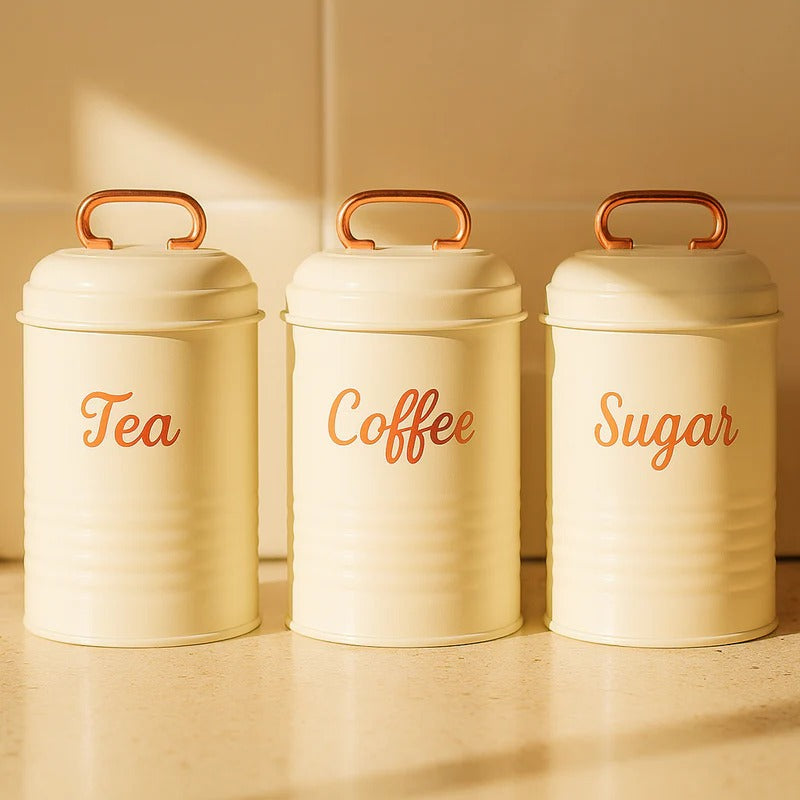 Vintage Metal Kitchen Canister Set – Tea, Coffee, & Sugar Trio MJ