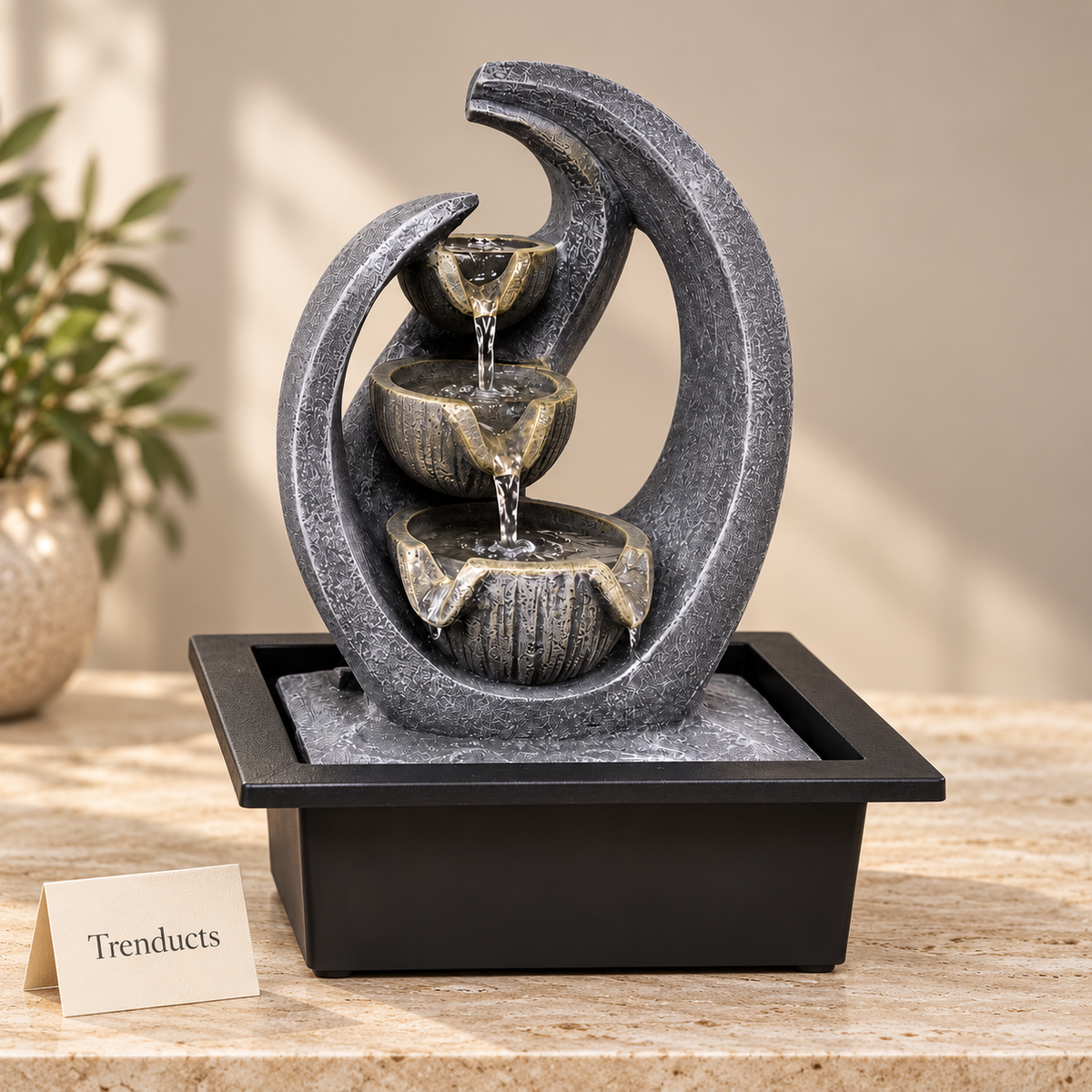 Oval Arch 3-Tier Lotus Bowl Tabletop Fountain – Contemporary Indoor Water Feature
