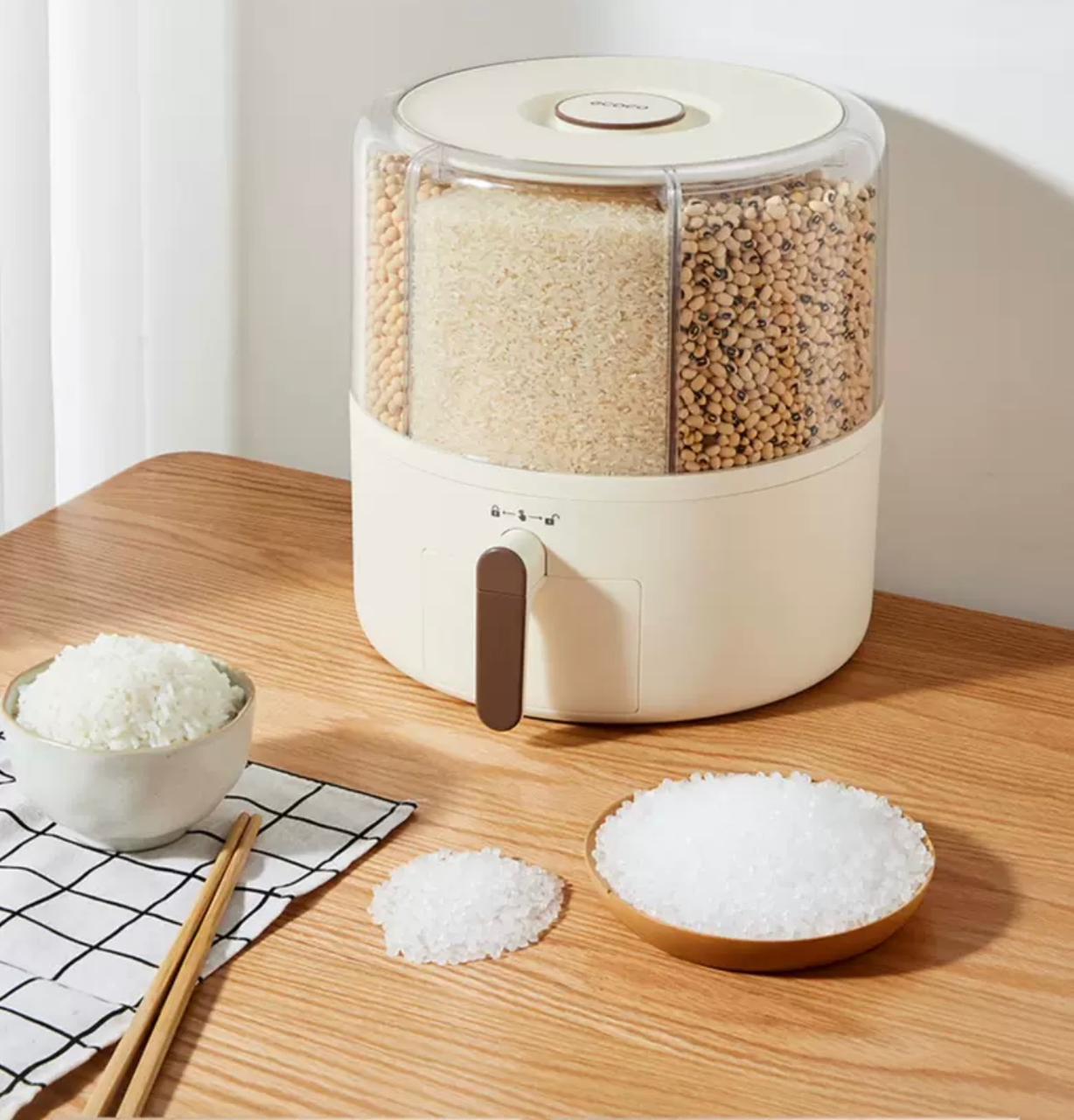 360° Rotating Grain Dispenser, Multi Grain Dispenser Bucket, Moisture Proof Cuisine Organizer, Rotary Partition Sealed Jar, Measuring Container Kitchen Grains Rice Storage Bucket Food Organizer