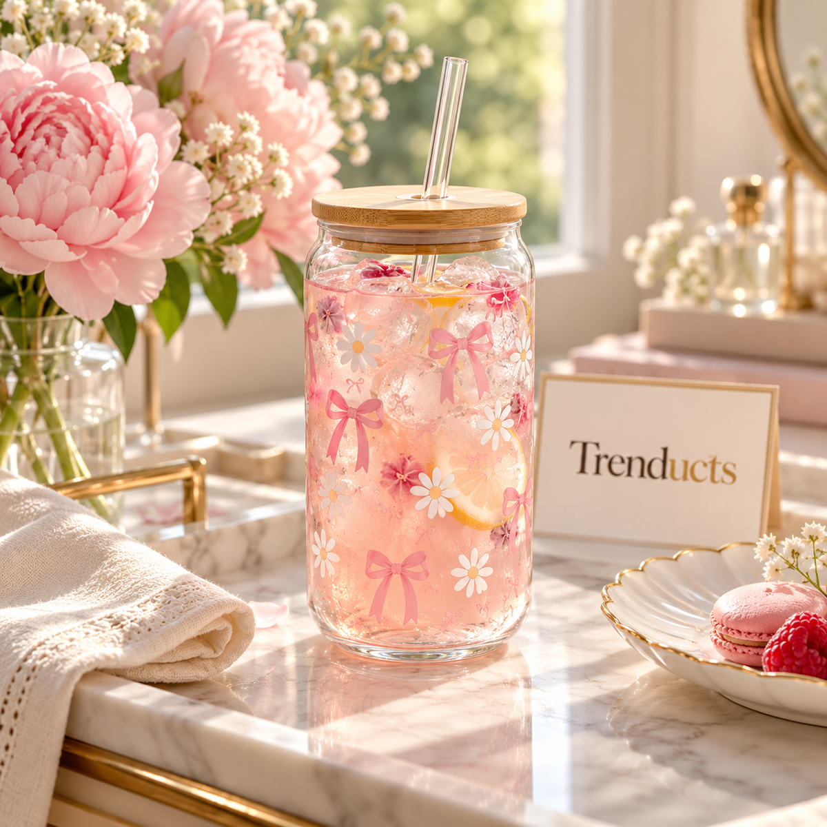 Cute Bow & Daisy Glass Sipper with Bamboo Lid