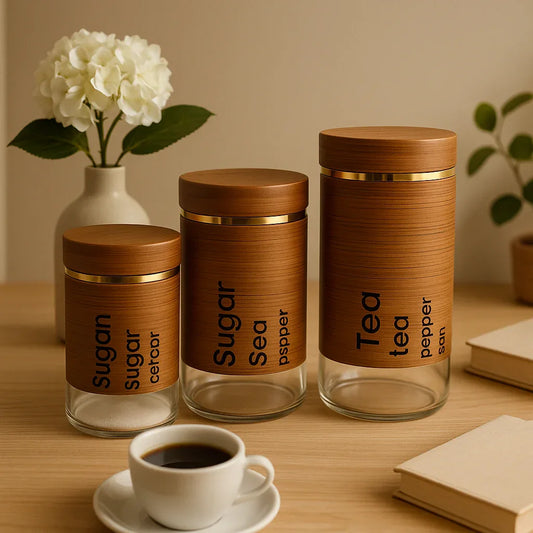 3-Piece Glass Storage Jar Set – Wooden Lid Coffee, Tea & Sugar Containers - Clarify.pk