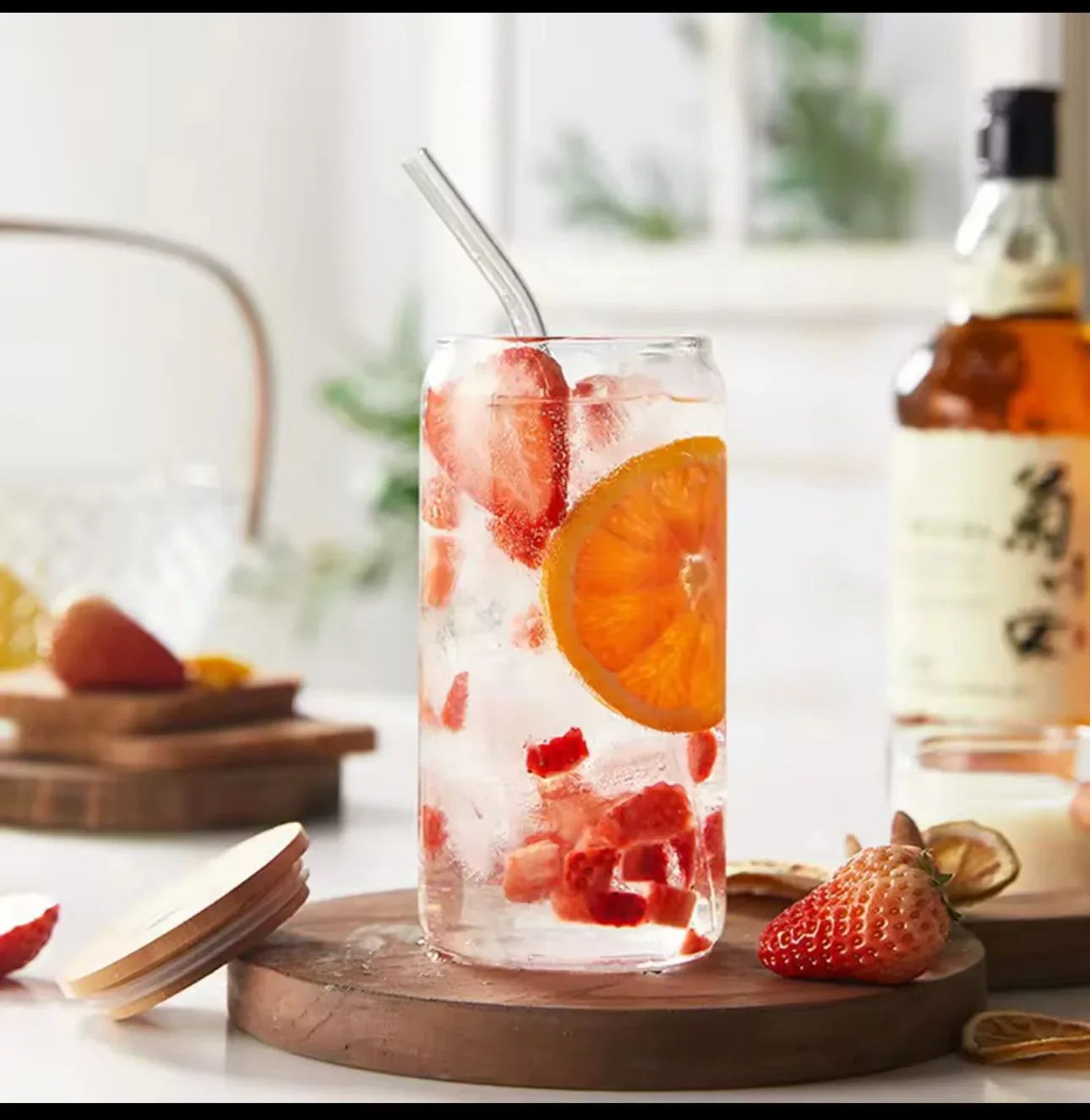 Mason Jar with Wooden Lid & Straw – Round Glass Cup - Clarify.pk