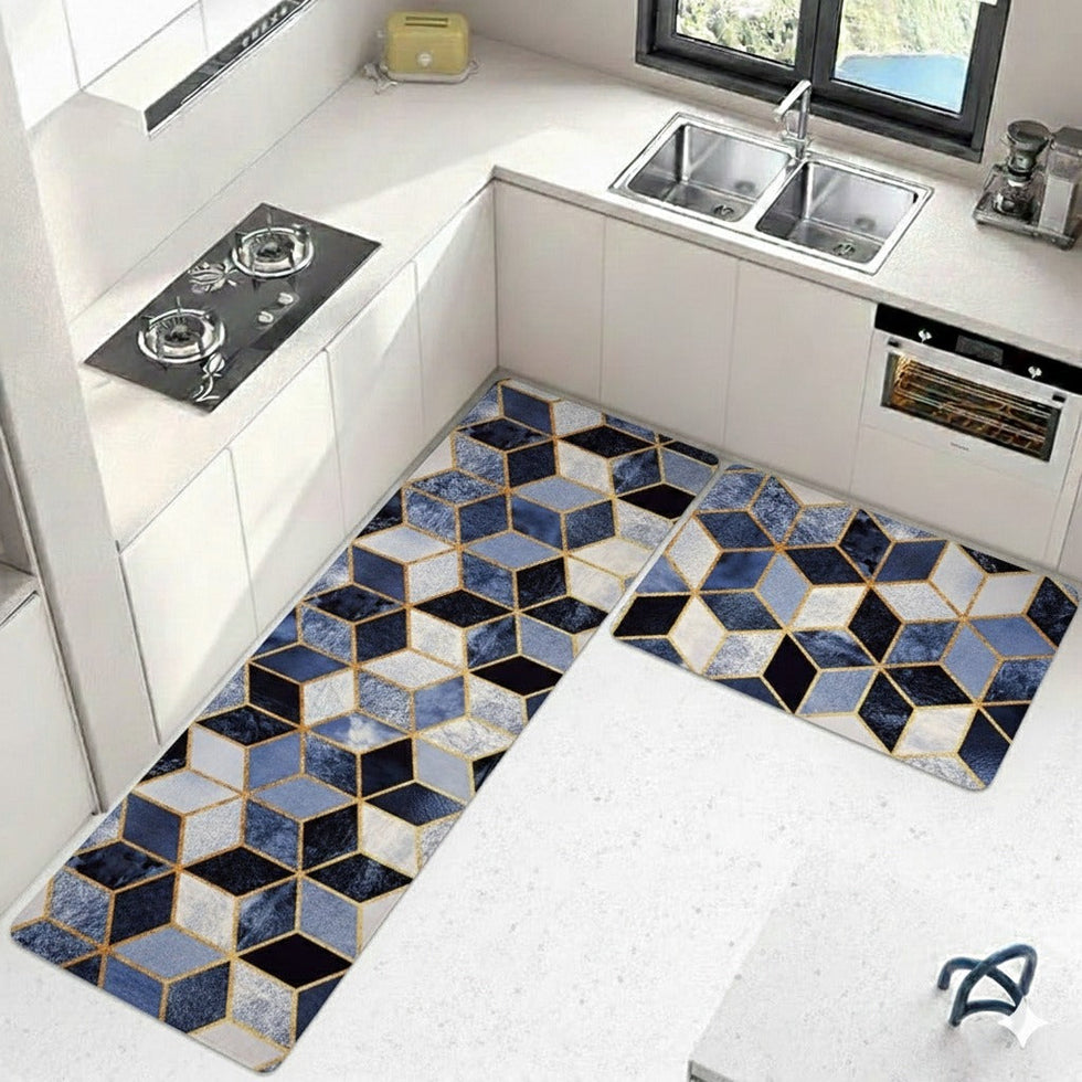 Emerald & Gold Geometry Napa Leather Anti-Slip Runner Set (2 Pcs)