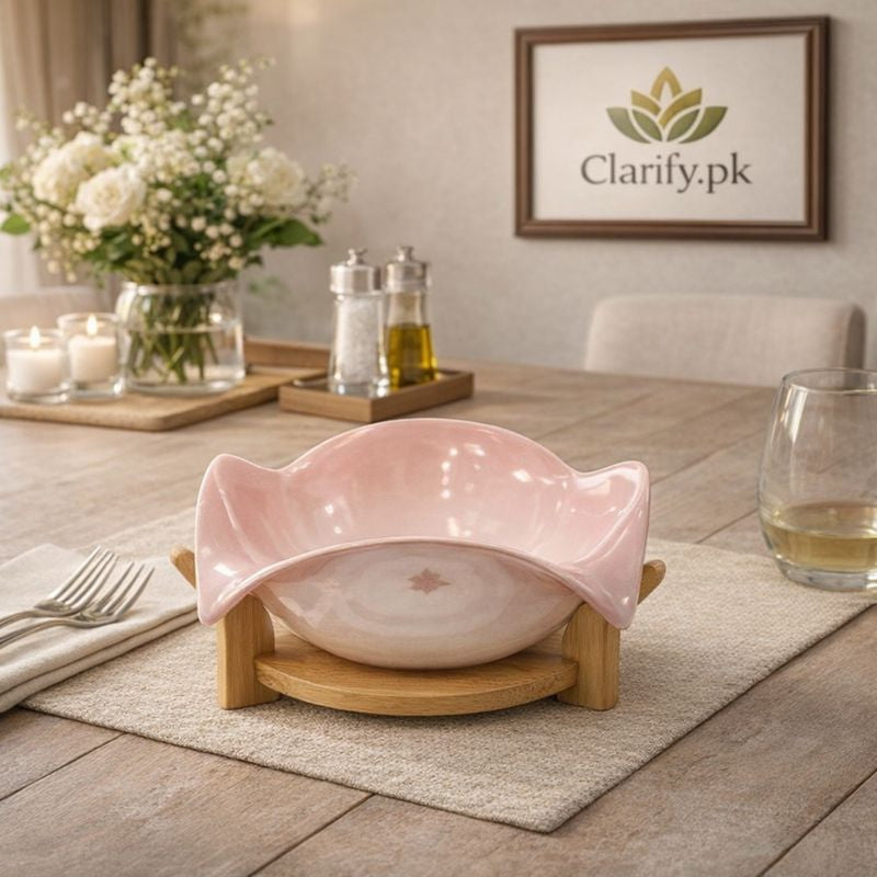 Modern Lotus-Style Ceramic Centerpiece Bowl - Elevated Wooden Stand 8" - Trenducts.pk