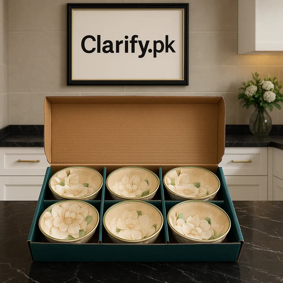 Pack of 6 Ceramic Bowl Set – Elegant Beige Floral Design - Clarify.pk