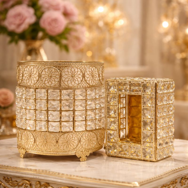 Floral Crystal Print Round Nug Bin & Tissue Box – Gold (Random Design) ZZ
