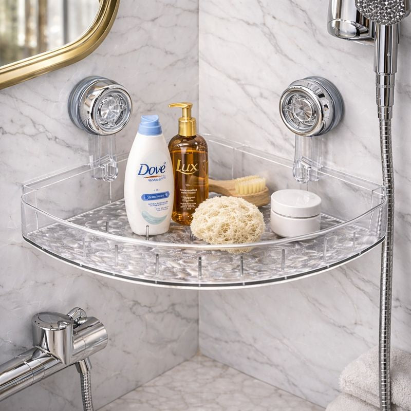 Acrylic Corner Suction Shelf – Drill-Free Bathroom Rack AB
