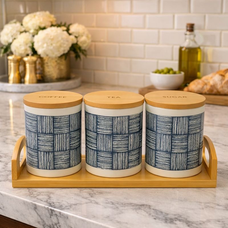 Premium 3-Piece Ceramic Jar Set with Bamboo Tray & Lids
