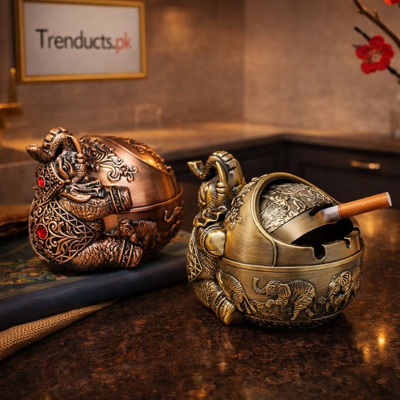 Antique Metal Elephant Seated Ashtray - Windproof Luxury Desktop Ornament